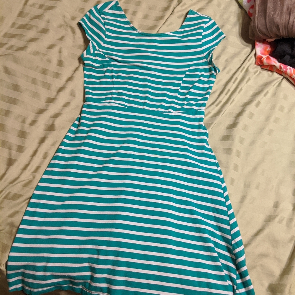Teal and white striped dress with cap sleeves
